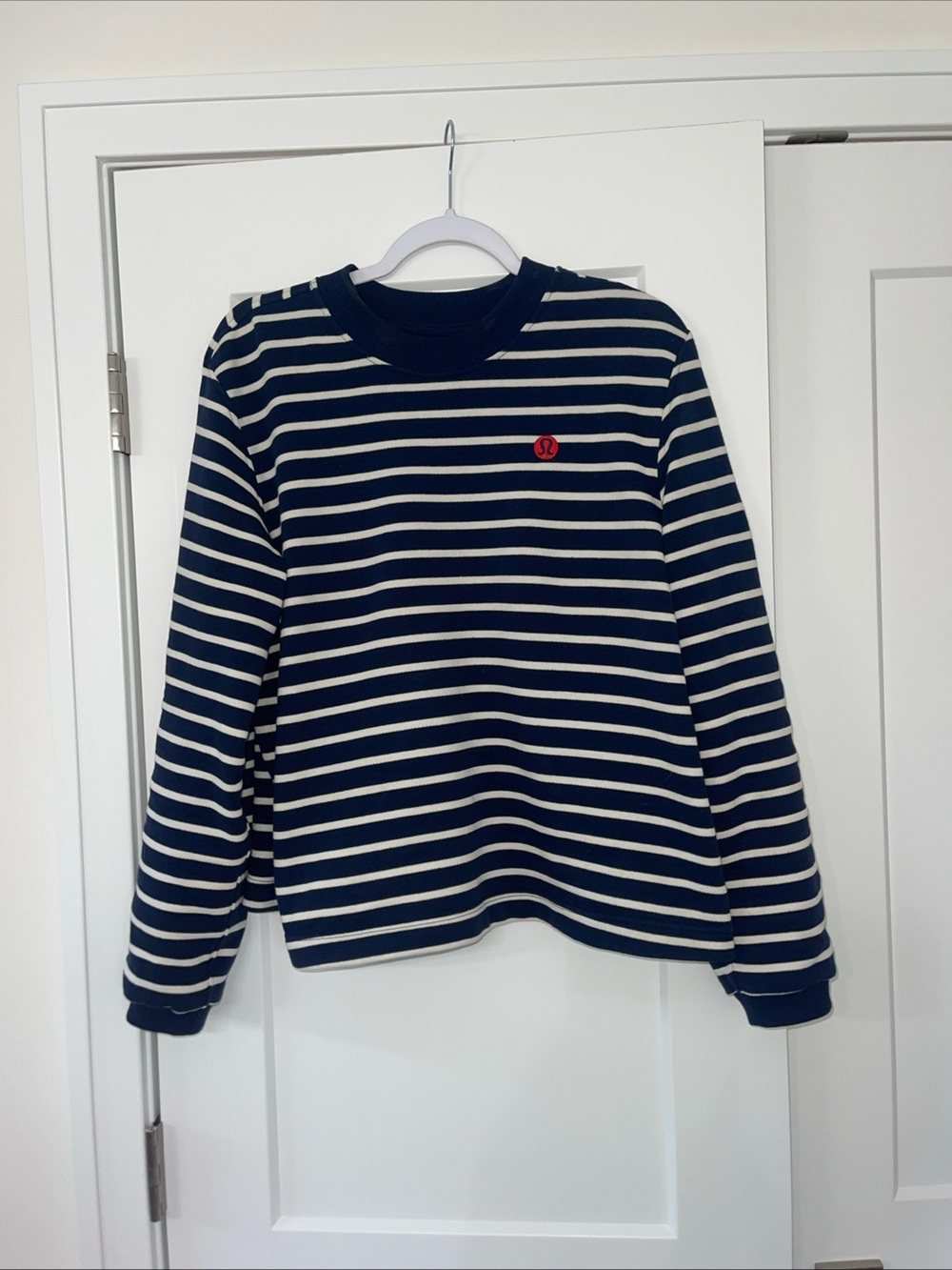lululemon athletica Navy and White Striped Crewneck Sweatshirt with Red Logo